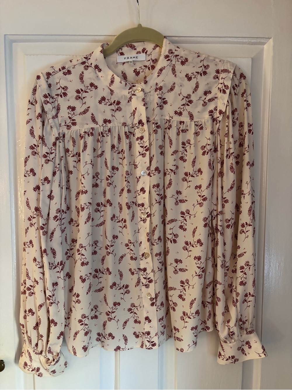 Frame Denim Cream Blouse with Burgundy Floral Motif